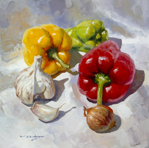Vegetables on white cloth de Vadim Dolgov, Pintura a la venta en Singulart