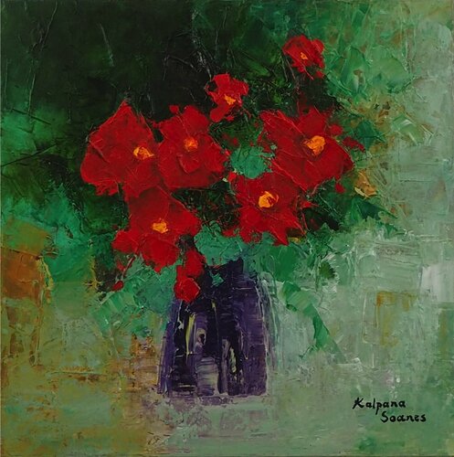 Red Autumn Flowers van Kalpana Soanes, Schilderij te koop op Singulart