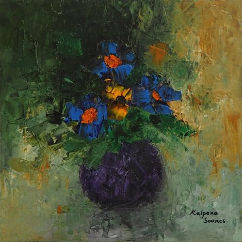 Blue Autumn Flowers van Kalpana Soanes, Schilderij te koop op Singulart