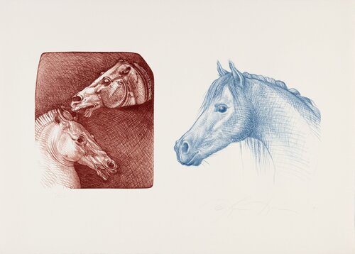 Study of Two Classical Greek Horse Heads and a Modern Horse by Luis Jiménez, Print for Sale on Singulart
