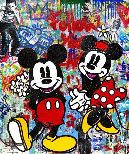 Follow Your Dream (Mickey Minnie Mouse), original painting with diamond dust van JOZZA, Schilderij te koop op Singulart