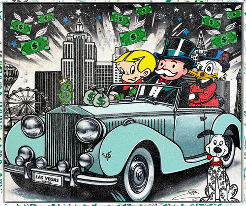 Strolling In Style (Monopoly), large original painting with custom painted frame van JOZZA, Schilderij te koop op Singulart
