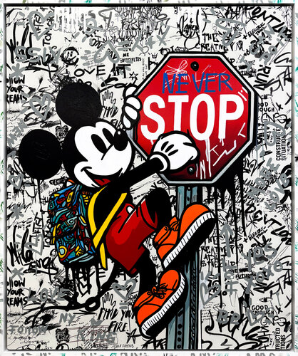 The Climber (Mickey Mouse), large original painting with custom painted frame van JOZZA, Schilderij te koop op Singulart