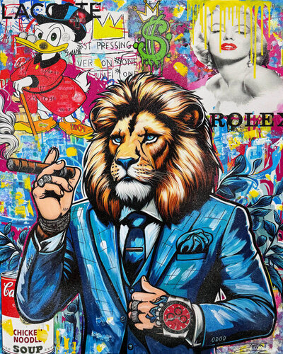 Red Rolex!, Huge Original Painting with Diamond Dust, 60x48 inches, Lion by JOZZA, 絵画 for Sale on Singulart