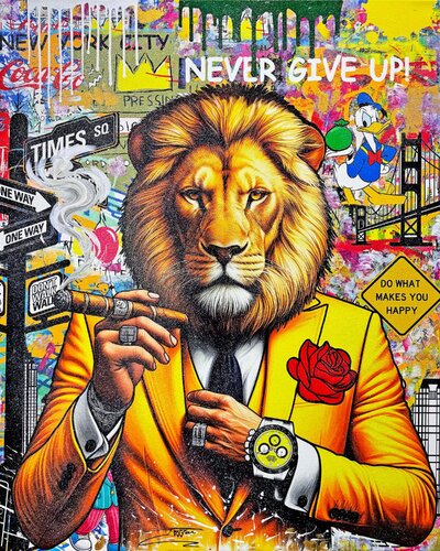 Yellow Rolex!, Huge Original Painting with Diamond Dust, 60x48 inches, Lion by JOZZA, 絵画 for Sale on Singulart