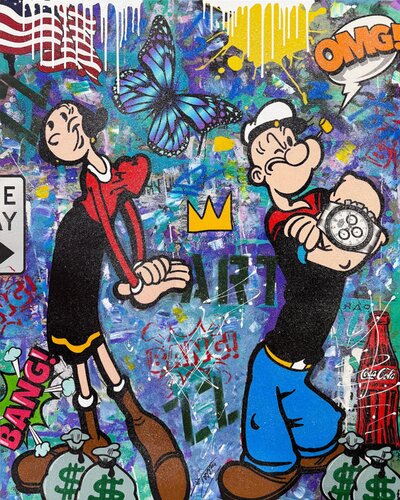 Blue Butterfly, Huge Original Painting with Diamond Dust, 60x48 inches, Popeye by JOZZA, 絵画 for Sale on Singulart