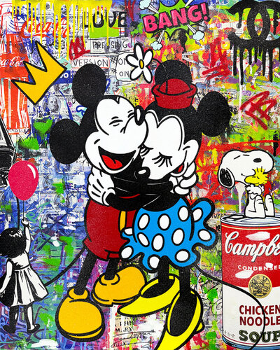 Big Hug!, Huge Original Painting with Diamond Dust, 60x48 inches, Mickey Minnie by JOZZA, 絵画 for Sale on Singulart