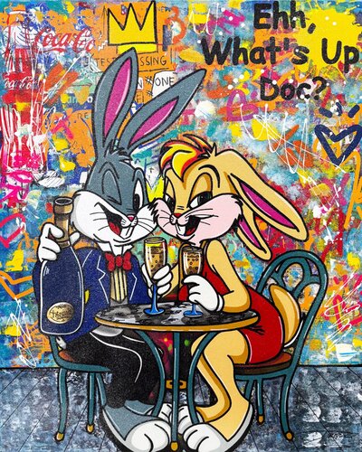 Wine For Two, Huge Original Painting with Diamond Dust, 60x48 inches, Bugs Bunny by JOZZA, 絵画 for Sale on Singulart