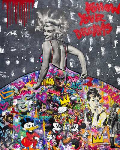 Party Dress!, Huge Original Painting with Diamond Dust, 60x48 inches, Marilyn by JOZZA, 絵画 for Sale on Singulart