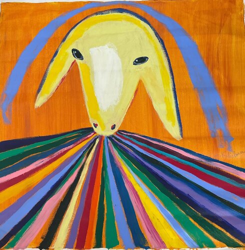 Sheep on rainbow van Menashe Kadishman, Schilderij te koop op Singulart