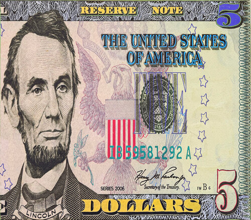 Lincoln Five Dollar Bill (huge unique painting on canvas) by Steve Kaufman, Painting for Sale on Singulart