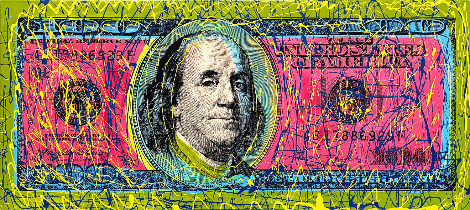One Hundred Dollar Bill (stretched hand signed embellished canvas) Steve Kaufman Druck zu verkaufen