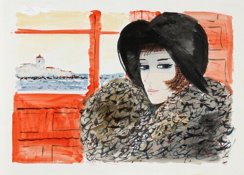 Portrait of Woman in Black Hat de Charles Levier, Obra en papel a la venta en Singulart