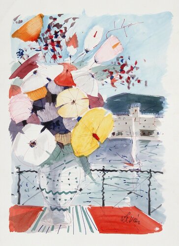 Bouquet of Flowers on Balcony de Charles Levier, Obra en papel a la venta en Singulart
