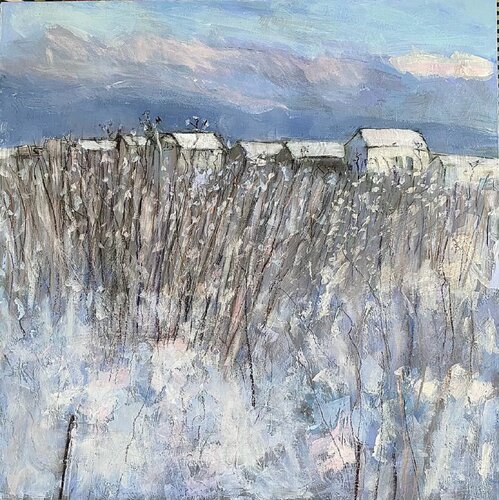 Snowy Beach Huts di Nikki Wheeler, Pittura in vendita su Singulart