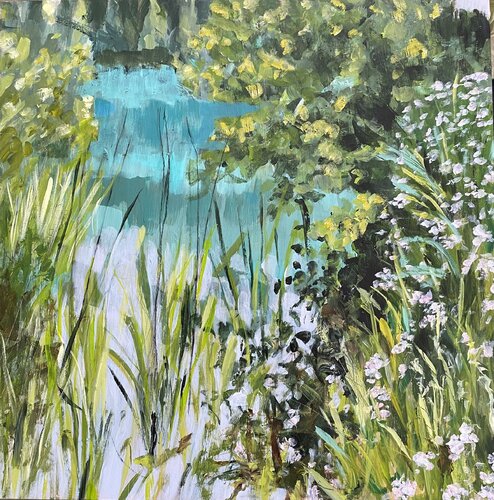 Blue Lake And Grasses by Nikki Wheeler, Painting for Sale on Singulart