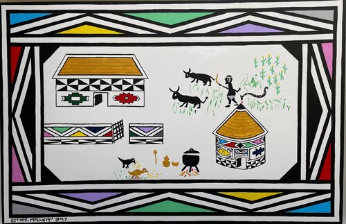 Ndebele Dwelling van Esther Mahlangu, Schilderij te koop op Singulart