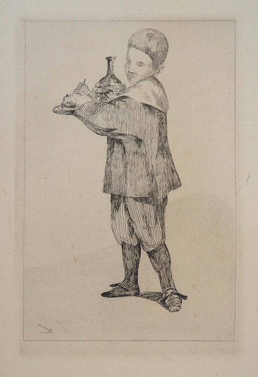 Enfant portant un plateau, Gravure originale signée Édouard Manet