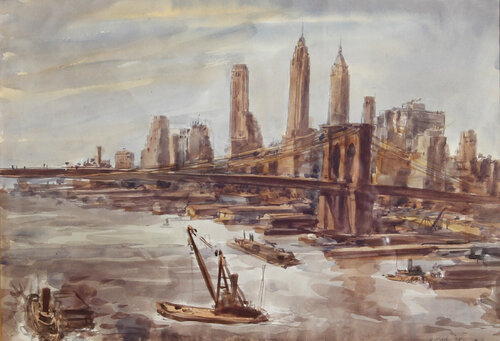 Brooklyn Bridge and Lower Manhattan II de Reginald Marsh, Obra en papel a la venta en Singulart