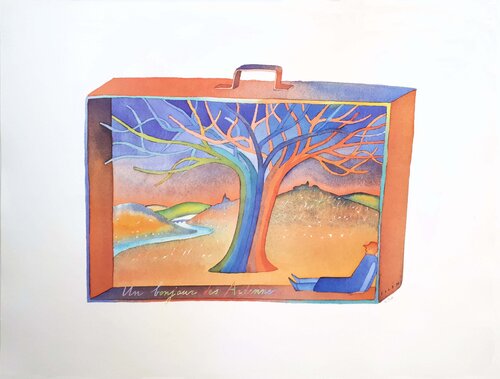 Voyage en valise, Un bonjour des Ardennes, Offset-Lithographie signée Jean Michel Folon
