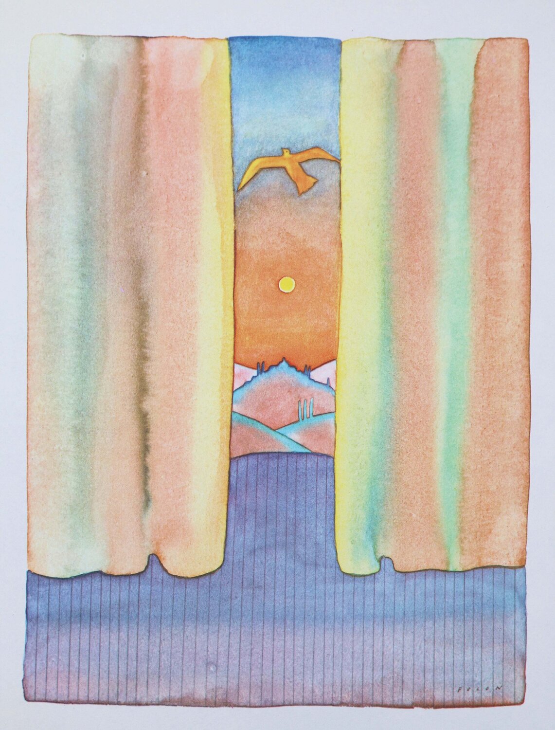 L'oiseau au soleil couchant Jean Michel Folon Print for sale