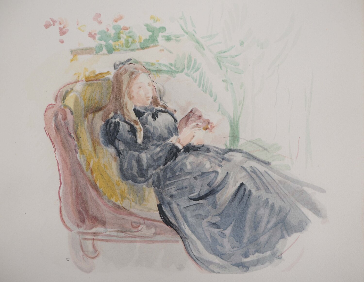 Jeune-fille sur un sofa, Lithographie signée Berthe Morisot Impresión en venta