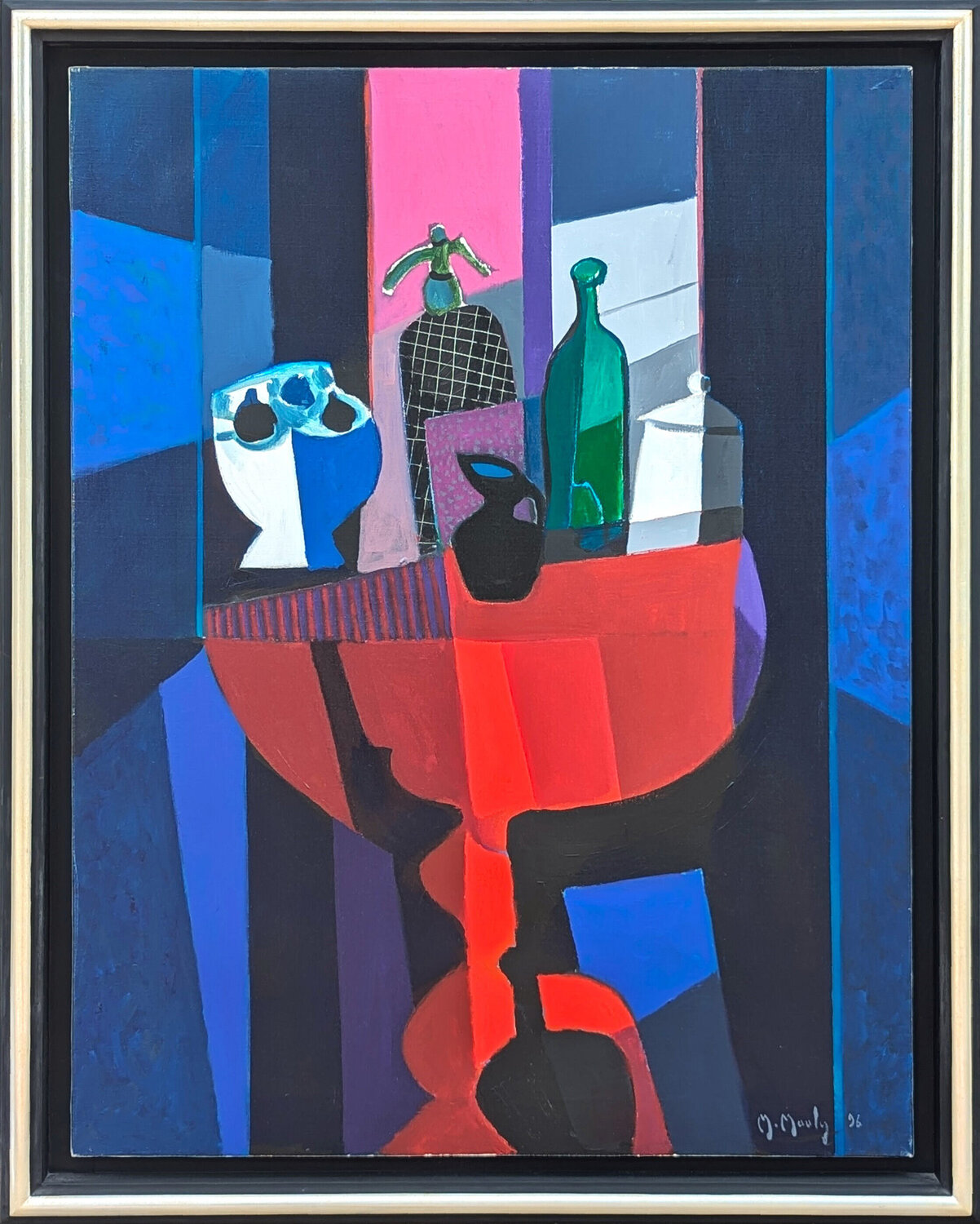 "Siphon Noir" Modern Cubist Inspired Blue, Red, and Pink Abstract Still Life Marcel Mouly Originalgemälde zu verkaufen