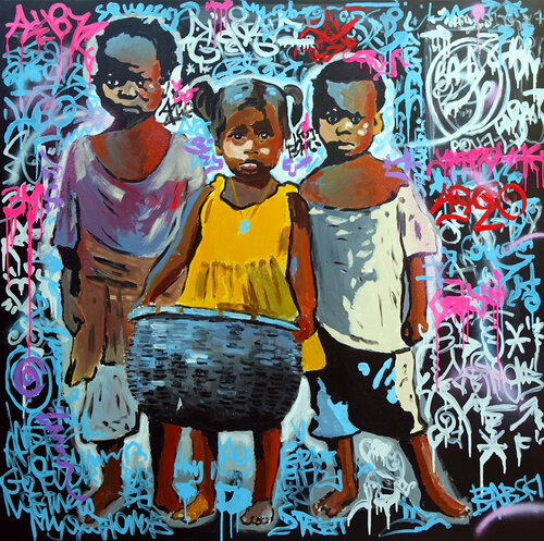 Kids With a Basket van Wojtek Babski, Schilderij te koop op Singulart