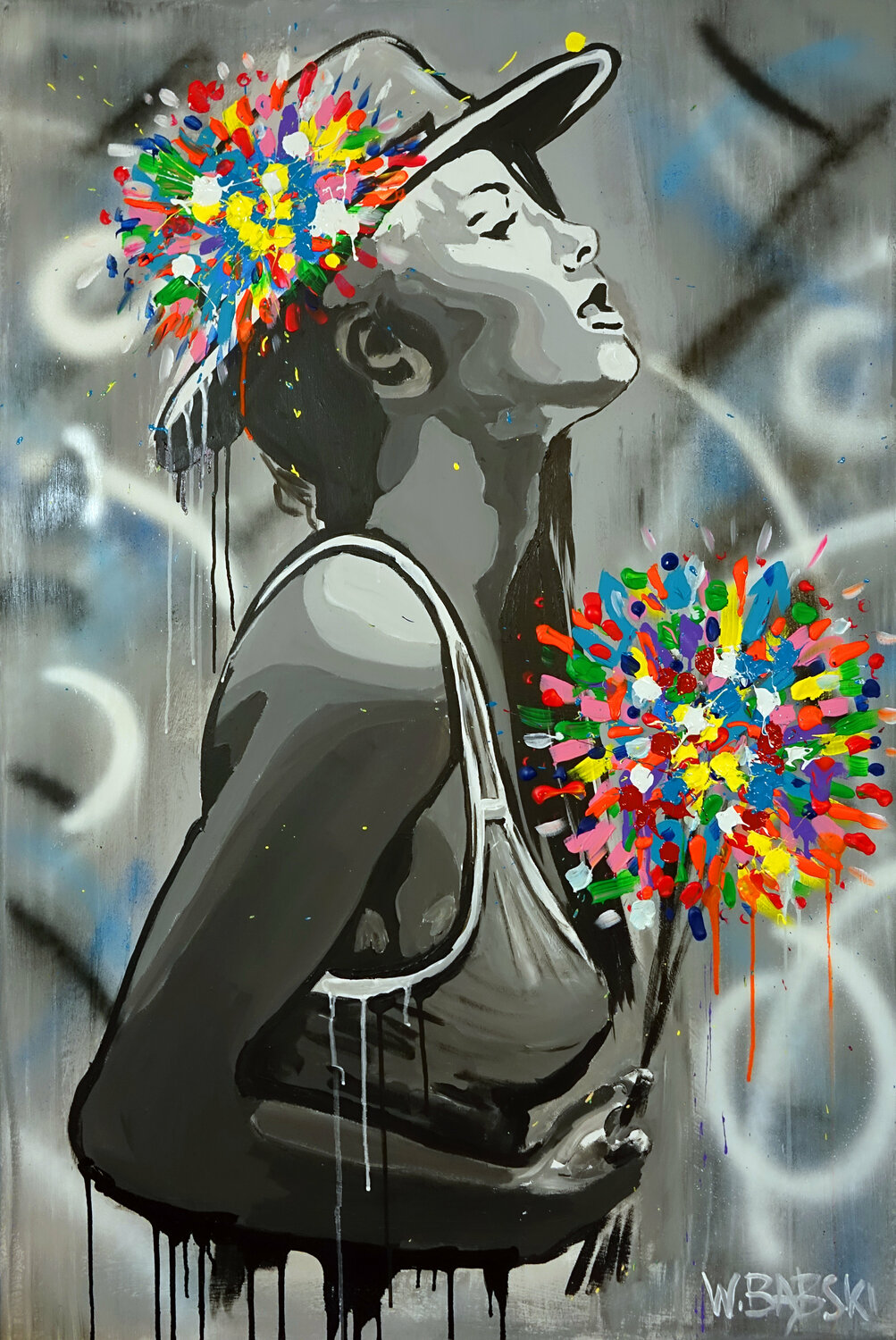 old girl様宛コメント　油絵　抽象画　jiri votruba作　青 Graffiti Girl by Wojtek Babski (2021) : Painting Acrylic