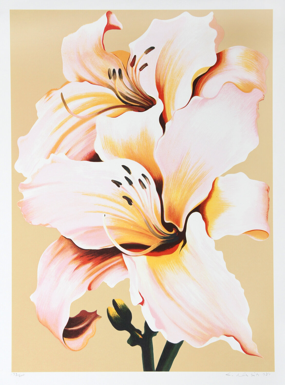Peach Lily on Beige Lowell Nesbitt Stampa in vendita