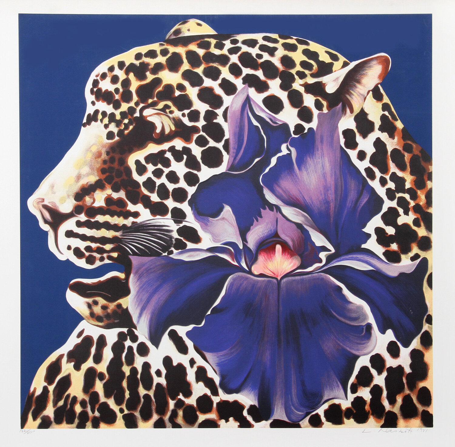 Spotted Leopard and Purple Iris Lowell Nesbitt Stampa in vendita
