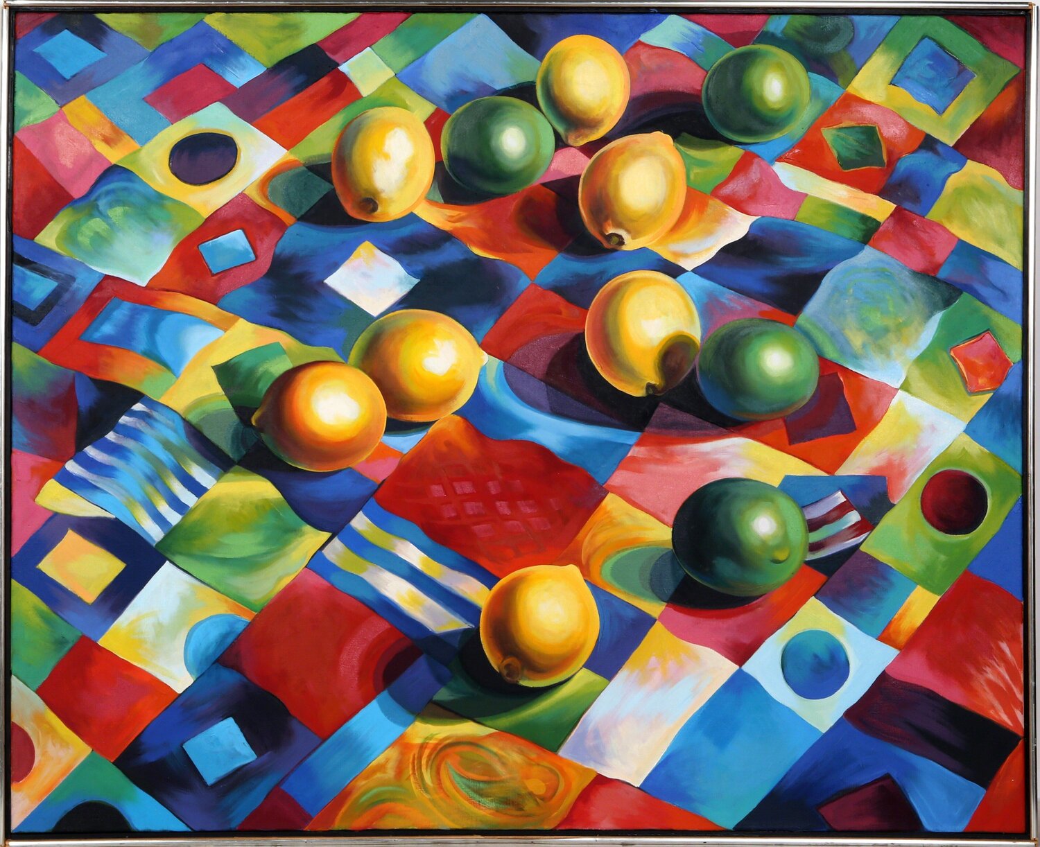 Lemons and Limes on Quilt Lowell Nesbitt Dipinto originale in vendita