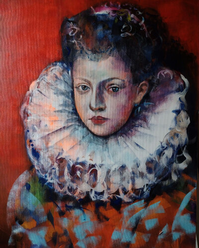 Red background portrait von Marina Del Pozo, Malerei kaufen auf Singulart