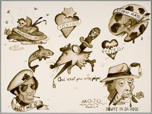 Tattoo Flash (Painter's grave, Irving, Studio Mate, Busted, This is not a pipe, Mother, Beuyz in da hood) by Manuel Ocampo, 紙の作品 for Sale on Singulart