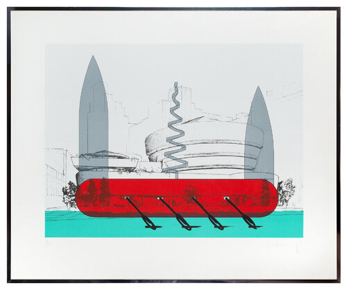 Knife Ship Superimposed on the Solomon R. Guggenheim Museum von Claes Oldenburg, Druck kaufen auf Singulart
