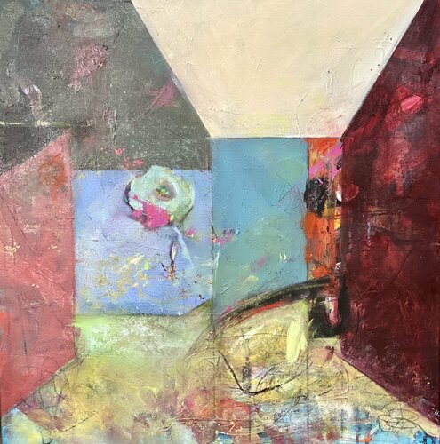Interiors-Red Room van Theresa Vandenberg Donche, Schilderij te koop op Singulart