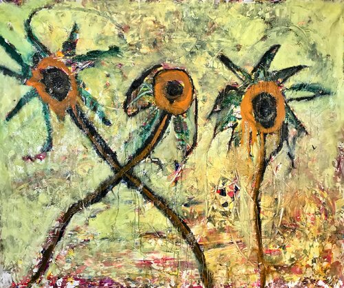 Three sunflowers by Charlie Patton, Painting for Sale on Singulart