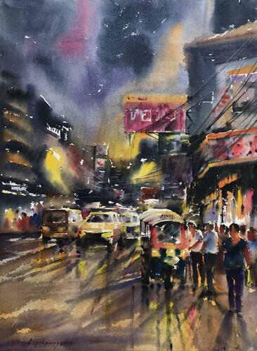 Walking in the Rain V by Attasit Pokpong, Painting for Sale on Singulart