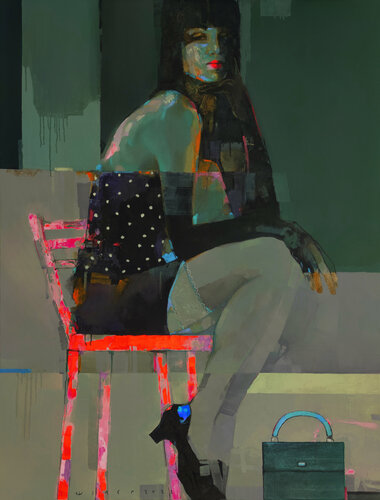 She and the red chair di Viktor Sheleg, Pittura in vendita su Singulart