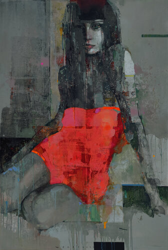 Green-eyed lady in red van Viktor Sheleg, Schilderij te koop op Singulart