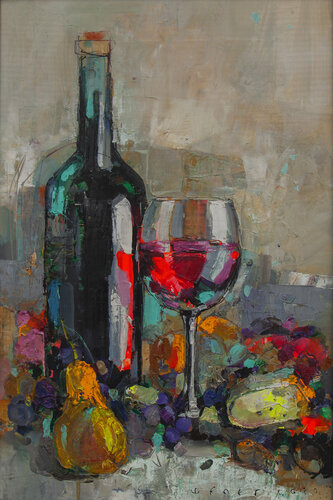 Wine, cheese, fruit di Viktor Sheleg, Pittura in vendita su Singulart