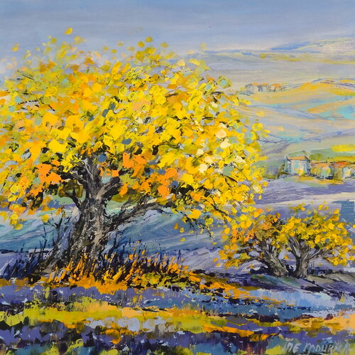 Blooming Mimosa in purple fields (Framed) van Inelouise Mourick, Schilderij te koop op Singulart