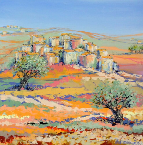 Village on the hill (Framed) van Inelouise Mourick, Schilderij te koop op Singulart