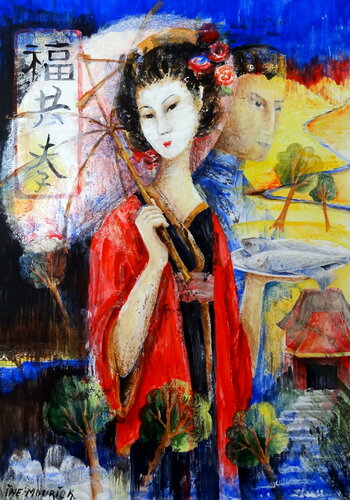 The red coat - (Framed) van Inelouise Mourick, Werk op papier te koop op Singulart