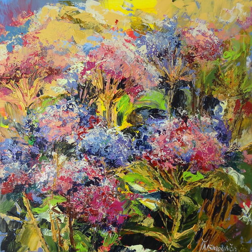 Hydrangeas in pink and blue (Framed) by Inelouise Mourick, 회화 for Sale on Singulart
