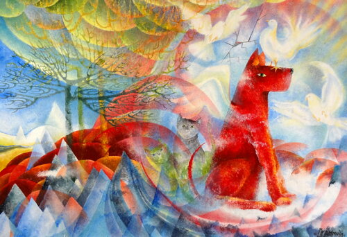 A red dog in heaven (Framed) van Inelouise Mourick, Schilderij te koop op Singulart