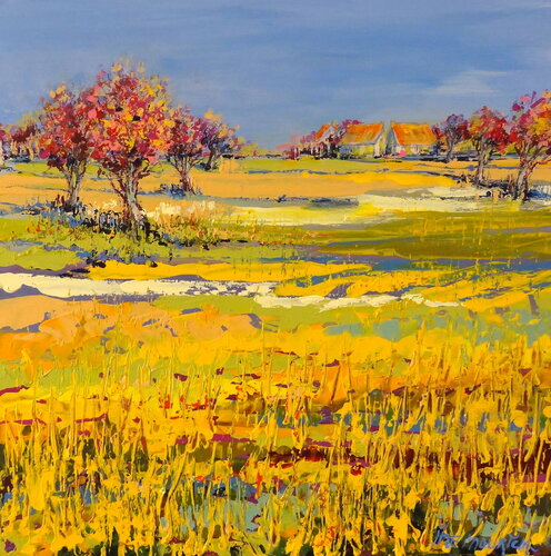 Red trees in yellow grass (Framed) van Inelouise Mourick, Schilderij te koop op Singulart