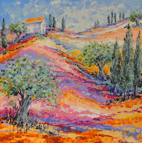 Una casa con giardino fiorito (Framed) van Inelouise Mourick, Schilderij te koop op Singulart