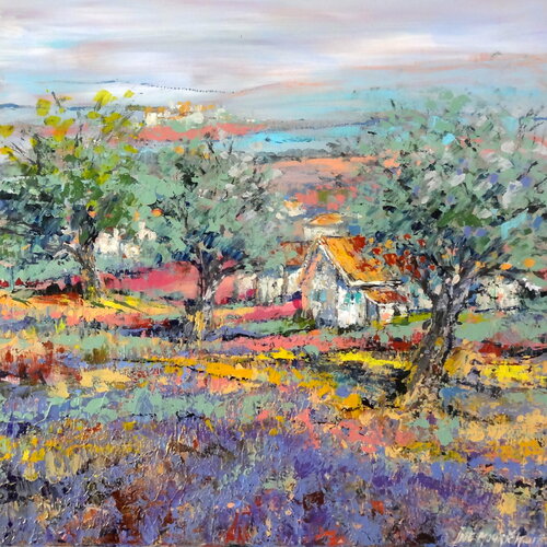 Purple fields (Framed) di Inelouise Mourick, Pittura in vendita su Singulart