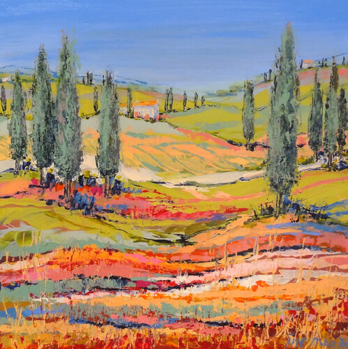 Cypresses under a blue sky - (Framed) by Inelouise Mourick, Painting for Sale on Singulart